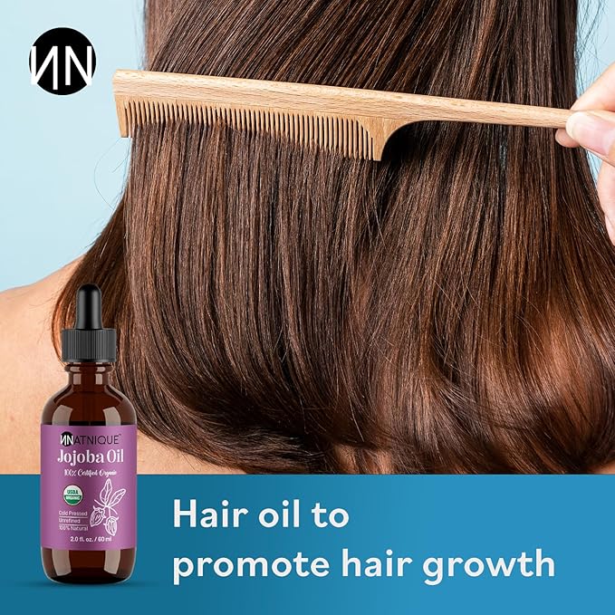 Natnique Organic Jojoba Oil 2oz – Nail Brush Included – USDA Certified, Cold Pressed, Unrefined & Hexane-Free – Pure Moisturizer for Hair, Face, Skin, Beard, Scalp, Nails & Cuticles – Natural Care