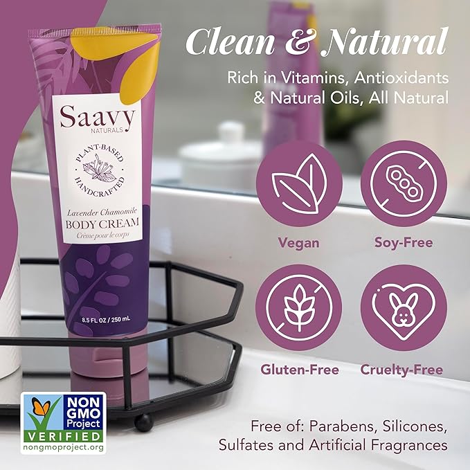 Saavy Naturals Body Cream Clean,Plant Based Ingredients - Made in USA Lavender Chamomile Body Lotion Absorbent Shea Butter Thick and Creamy, Naturally Scented Body Lotion for Dry Skin, 8.5 Oz.