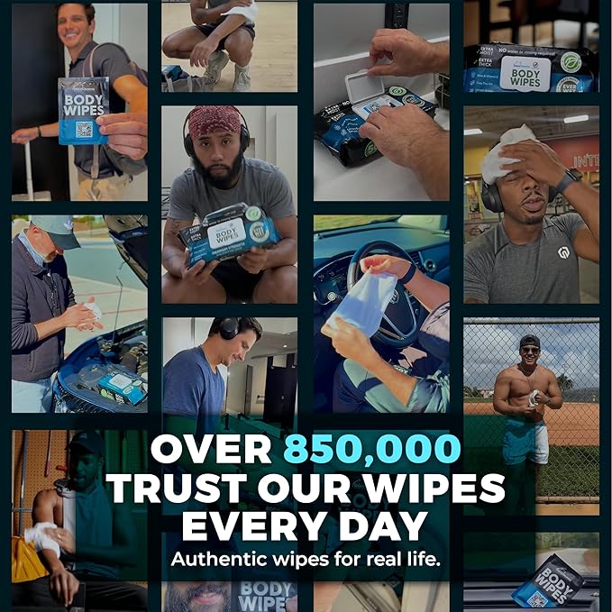 After Gym Body Wipes for Men (4 Pack) – 200 XL No Rinse Shower Wipes + 16 Travel Bath Sheets, 10" x 11.5" Disposable Washcloths for Bathing, Camping, Survival Gear and Travel