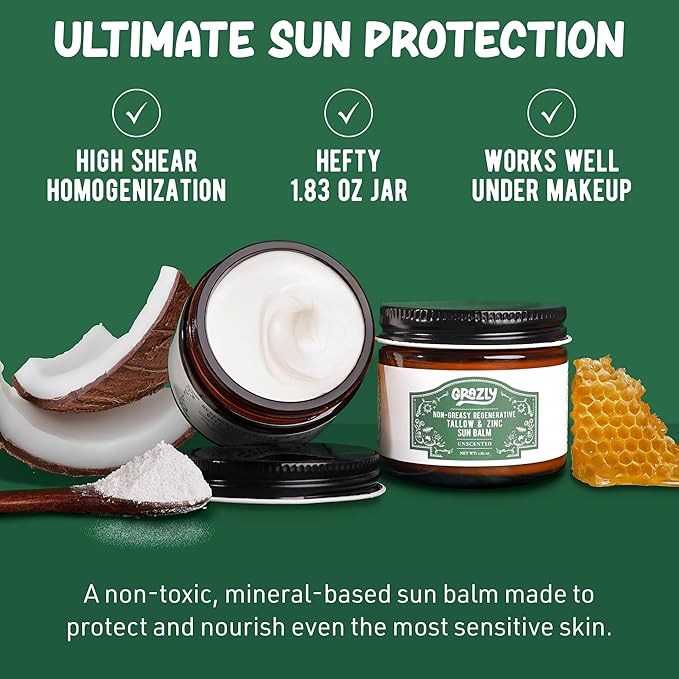 Beef Tallow Sunscreen SPF 35 – Unscented Water Resistant Zinc Sun Balm, Non-Greasy Natural Sunscreen for Face & Body – 4 Natural Ingredients: Non-Nano Zinc, Organic Coconut Oil, Beeswax- 1.8 oz