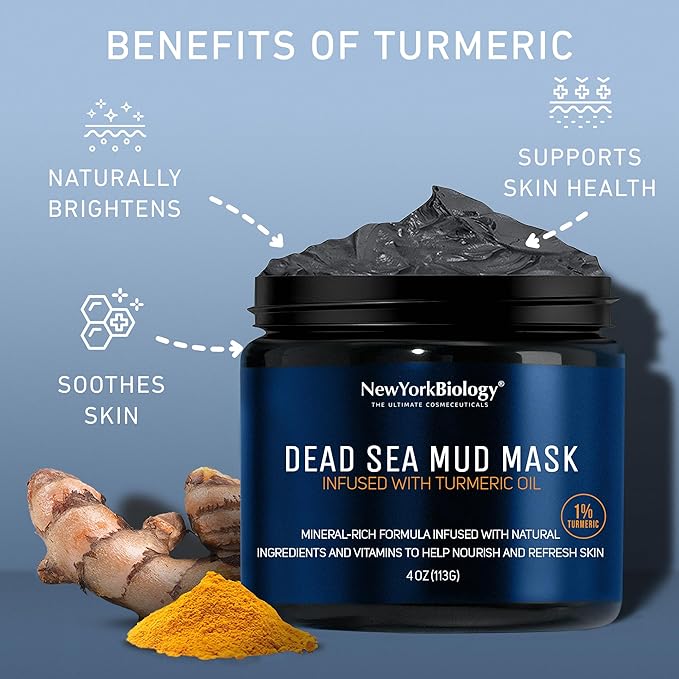 New York Biology Dead Sea Mud Mask for Face and Body | with Turmeric Oil | Spa Quality Pore Refiner for Oily Skin | Natural Skincare for Women & Men | Tighten Skin for A Healthier Complexion | 4 oz