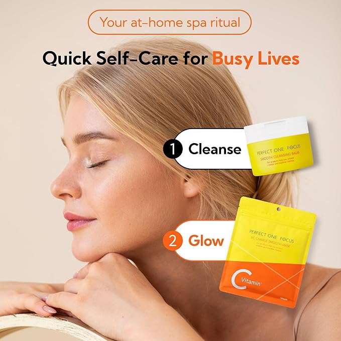 PERFECT ONE FOCUS Skincare Bundle – VC Charge Smooth Sheet Masks (7 Sheets) + Smooth Cleansing Balm (2.64oz) – Vitamin C, Charcoal, Hyaluronic Acid, Ceramides & Niacinamide for Hydrating