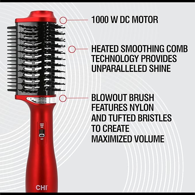 CHI Volume Styler, Blowout Brush for Amplified Volume, Heated Comb to Smoothen & Straighten Hair, 2-in-1 Hair Tool, Red
