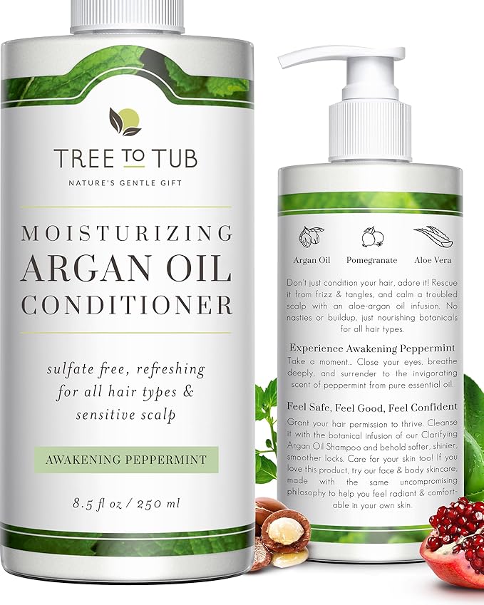 Tree to Tub All Hair Type Hydrating Argan Oil Conditioner for Dry or Oily Hair & Sensitive Scalp - Moisturizing Sulfate Free Conditioner for Women & Men w/Organic Coconut Oil, All Natural Peppermint
