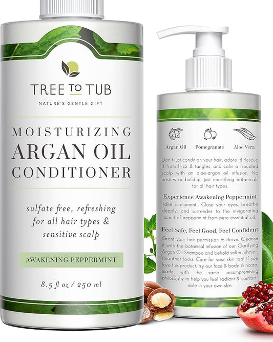 Tree to Tub All Hair Type Hydrating Argan Oil Conditioner for Dry or Oily Hair & Sensitive Scalp - Moisturizing Sulfate Free Conditioner for Women & Men w/Organic Coconut Oil, All Natural Peppermint