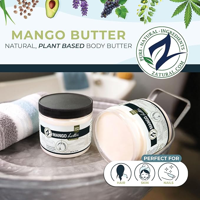Zatural 100% Pure Mango Butter | Cold Pressed Raw Creamy Body Butter for Skin Hydration, Conditioning & Softening (16oz)