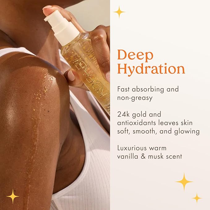Kopari Golden Aura Body Oil with 24k Gold & Hyaluronic Acid - Hydrating Formula for Glowing Skin 3.3 oz