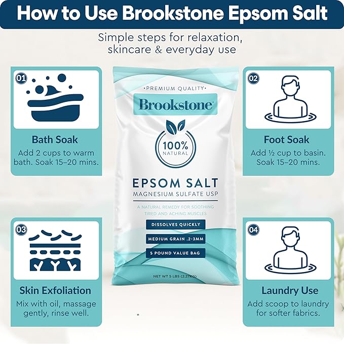 Brookstone 5 lb Epsom Salt Bulk Bag - Premium Magnesium Sulfate USP, Medium Grain Unscented Bath Soak Salt - Pure Epsom Salt for Bath, Foot Soak, Muscle Relief, Stress Relief & Skin Care
