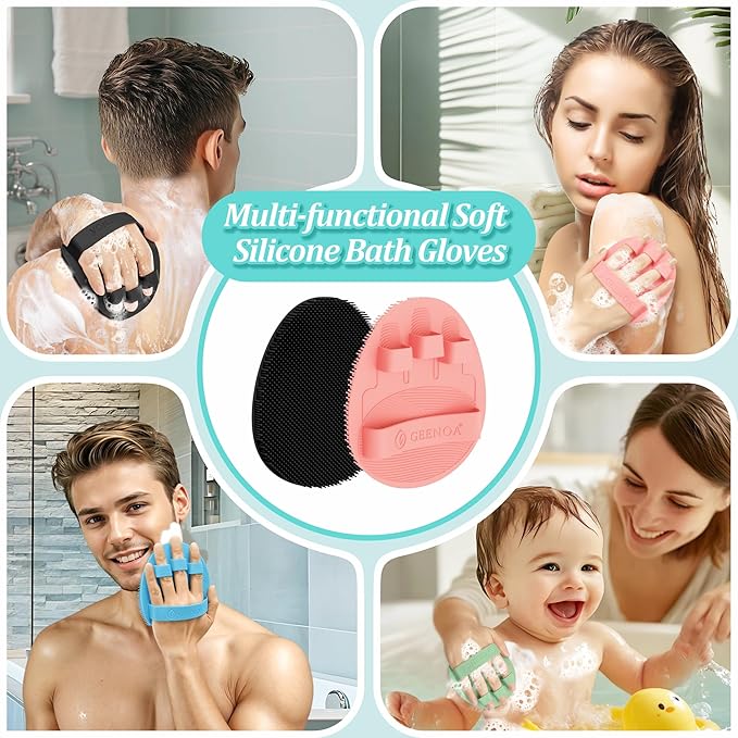 Soft Silicone Bath Glove & Face Scrubber Set 2PCS, 360° Anti-Slip & Hand-fit Body Scrubber for Rich Foaming Deep Cleaning, Unique Facial Scrubber with Side-bristles for Contoured Areas.(Pink)