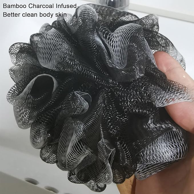 Shower Sponge Loofah Back Scrubber, Soft Mesh Body Scrubber with Wooden Handle, Bath Sponge for Women Kids (Black)