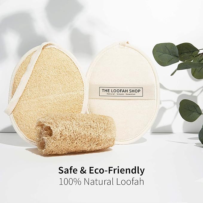 Bath Loofah Sponge, Exfoliating Body Scrubber, Shower Luffa for Men, Women and Kids Made of Eco-Friendly Natural Egyptian Loofah with Cotton Travel Pouch, 7" x 5.25" (1pack 2pcs)