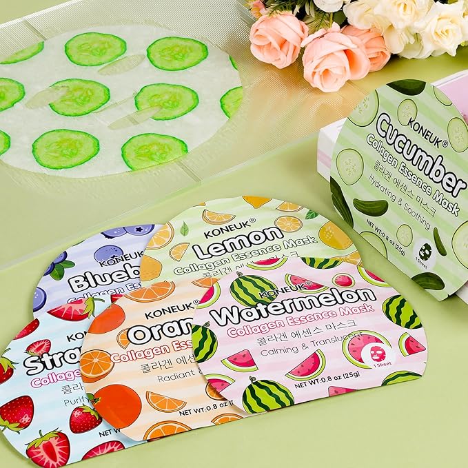 60 Pack Colorful Fruit Face Masks Skincare Set, Bulk Sheet Facial Mask for All Skin Types, Collagen Hydrating Face Mask for Women, Spa Party Gifts and Christmas Gifts (6 Types x 10 Pcs)