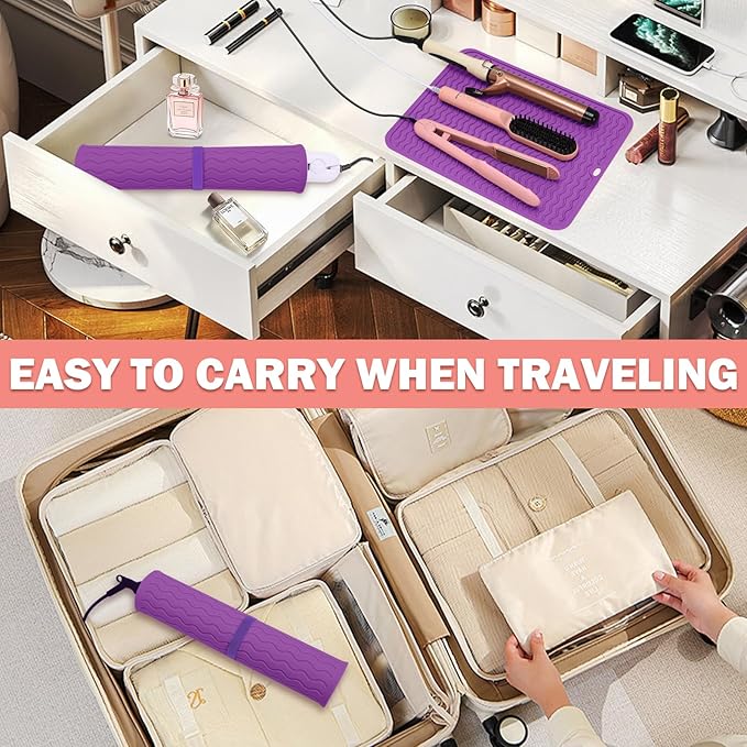 Oversize Silicone Heat Resistant Mat for Curling Irons, Hair Straighteners, Flat Irons and Hot Hair Styling Tools, Portable Wrap Pad Cover for Vanity, Travel, Salon(14.2" x 11.0")