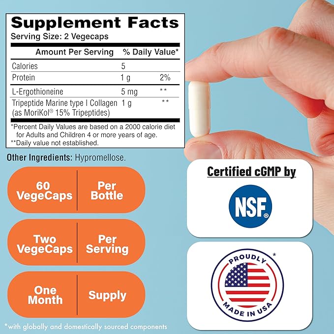 Skineu Collagen Tripeptide + L-Ergothioneine | Advanced Anti-Aging Formula | Morikol® Marine Collagen | Supports Skin Hydration, Elasticity & Joint Health | Non-GMO & Gluten-Free | 60 VegeCapsules