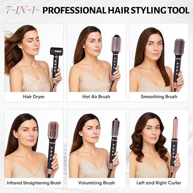 7 in 1 Professional Hair Styling Tool – Hot Air Brush Set, Multi-Styler and Blow Dryer Brush Straightening and Curling, Ionic & Infrared Tech, Cool Shot, 3 Heat & Speed Settings, Includes Travel Bag