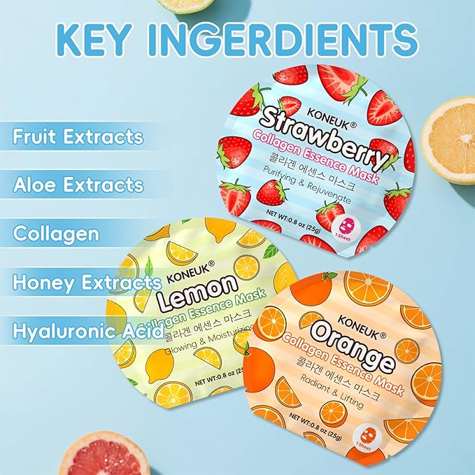 114 Pack Colorful Fruit Face Masks Skincare, Sheet Facial Mask for Dry Skin, Moisturizing & Soothing, Bulk Collagen Face Mask for Women, Christmas Stocking Stuffers, Spa Party Gifts(6 Types x 19 Pcs)