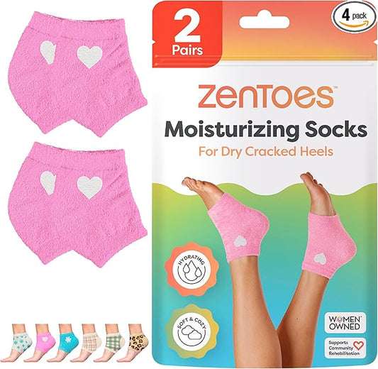ZenToes Moisturizing Socks for Cracked Heel Treatment, Vitamin E, Olive Oil and Jojoba Oil Heel Socks, Stocking Stuffers for Women, Spa Self Care Gifts for Women (Pink with White Heart, Regular)