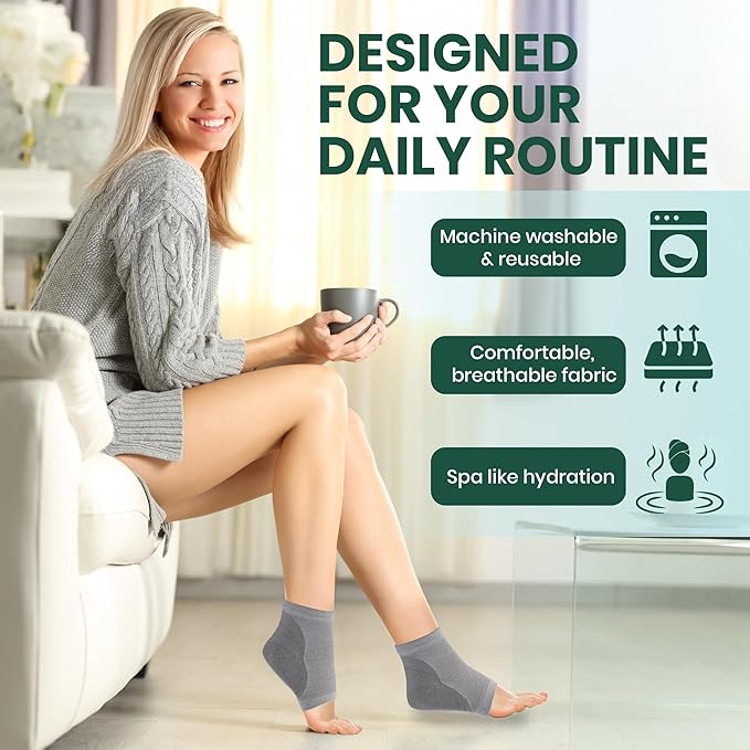 Moisturizing Heel Socks for Cracked Heels - Gel Socks for Dry Cracked Feet Repair - Silicone Socks for Women’s Foot Treatment & Overnight Hydration (Black/Grey/Beige, 3-Pair)