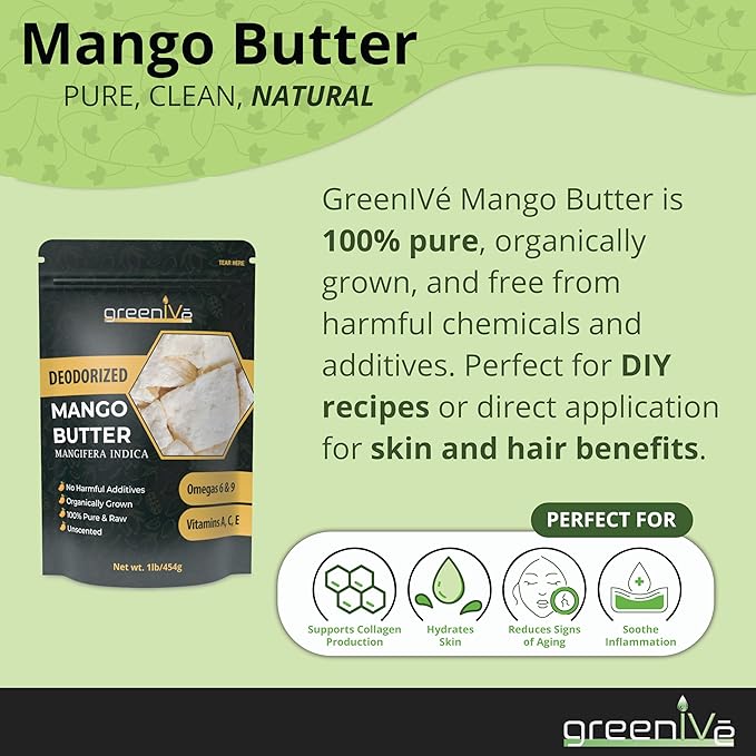 GreenIVe Deodorized Mango Butter Chuncks 100% Pure Raw Unrefined Natural Creamy Skin Hair Moisturizer Hydrating Body Butter Lotion Lip Balm Soap Making DIY Cosmetics Whipped Creams Food Grade 16oz