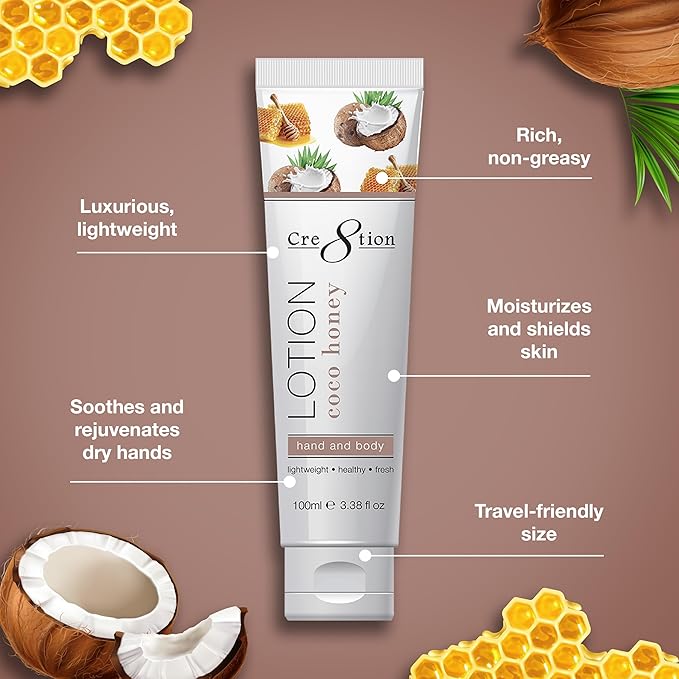 Cre8tion Spa Coconut Honey Hand & Body Lotion, Luxurious Lightweight Moisturizer for Silky, Smooth Skin, 3.3 Fl Oz