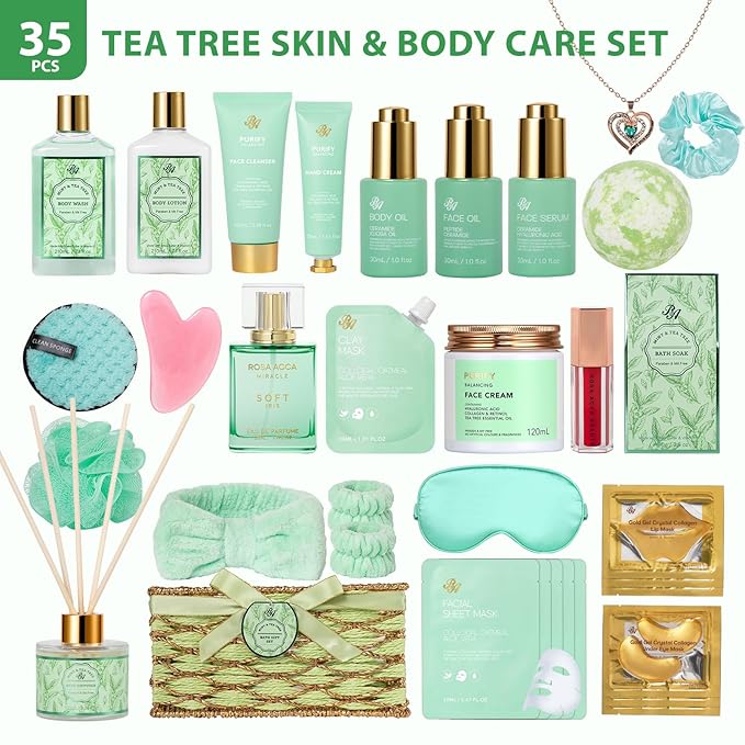 35 Pcs Christmas Gifts for Women, Tea Tree Spa Gift Basket, Face Skin Care Set, Bath & Body Gift Set, Self-Care Relaxation Gift, Diffuser, Serum, Bath Bomb, Birthday, Mother's Day, Valentines, Wife