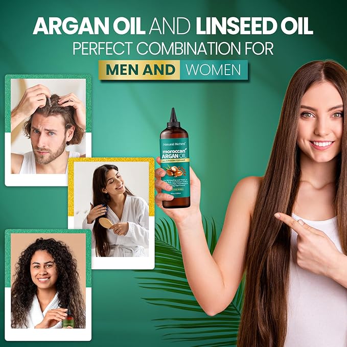 Natural Riches Moroccan Argan Oil Hair Treatment with Linseed Extract – Smooths Frizz, Detangles, Conditions & Boosts Shine – Deep Hydration for Dry, Damaged, Curly & Color-Treated Hair – 8 fl oz