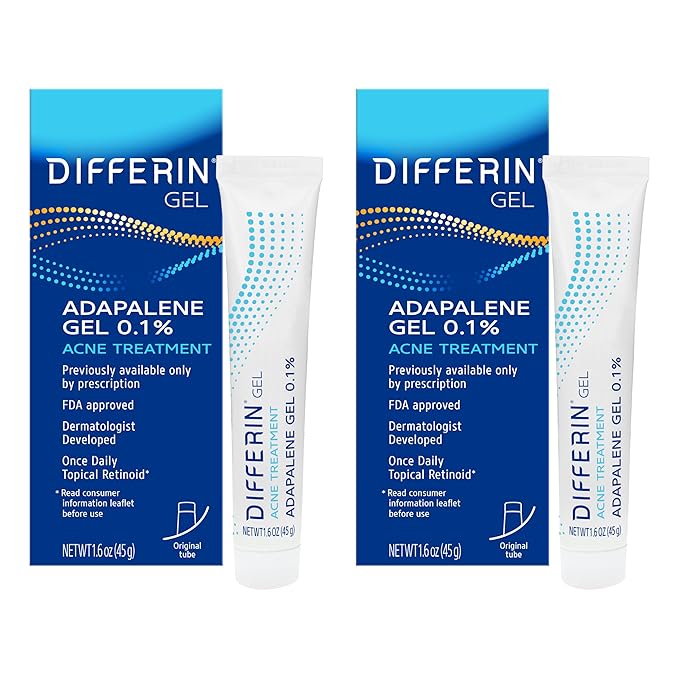 Differin Acne Treatment Gel, 60 Day Supply, Retinoid Treatment for Face with 0.1% Adapalene, Gentle Skin Care for Acne Prone Sensitive Skin, 15g Tube (Pack of 2) (Packaging May Vary)