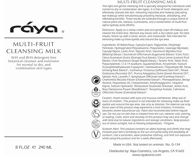 Raya Multi-Fruit Facial Cleansing Milk with AHA and BHA 8 oz (G-154) | Exfoliating Soap-Free Cleanser and Make-Up Remover for Dry and Combo Skin | Made with Multi-Fruit Alpha and Beta Hydroxy Acids