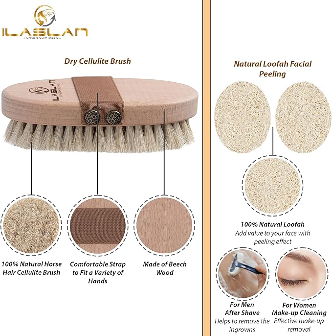Dry Brushing Body Brush, Natural Horse Hair Exfoliating and Cleansing | Dry Skin Brushing with 2 Natural Loofah Facial Peeling Pads | Soft Bristles for Gentle Body Scrubbing and Skin Care