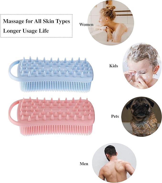 2 PC Silicone Exfoliating Body Scrubber, 2 in 1 Silicone Body Shampoo Brush, Soft Silicone Loofah for Sensitive Skin, Shower Silicone Hair Scalp Massager, Easy to Clean, Lather Well (Pink&Blue)