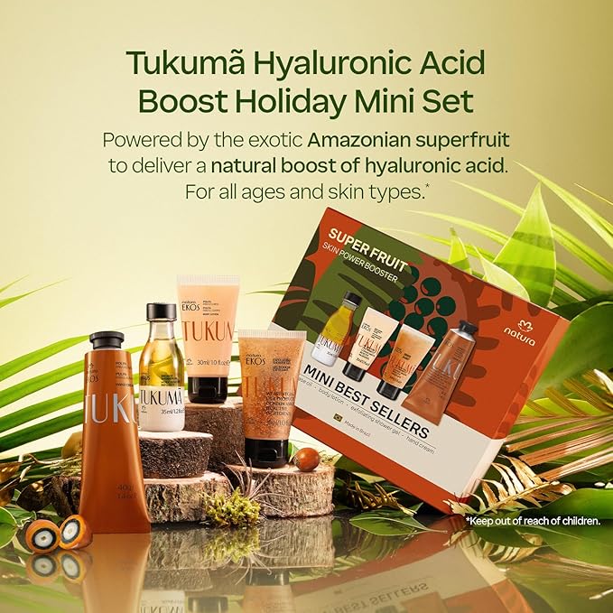 natura – Tukumã Hyaluronic Acid Boosting Brazilian Set (4 Travel Size Products) - Exfoliating Shower Gel, Biphase Shower Oil, Body Lotion and Hand Cream- Anti-Aging - Vegan Skin Care