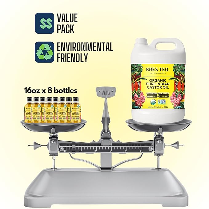 Organic Castor Oil 1 Gallon (128 fl oz) Bulk, 100% Pure Cold-Pressed, Hexane Free, Eyelash, Eyebrow & Hair Growth Serum, Skin Moisturizer, Massage, Hair Loss, Dandruff, Detox and Wraps