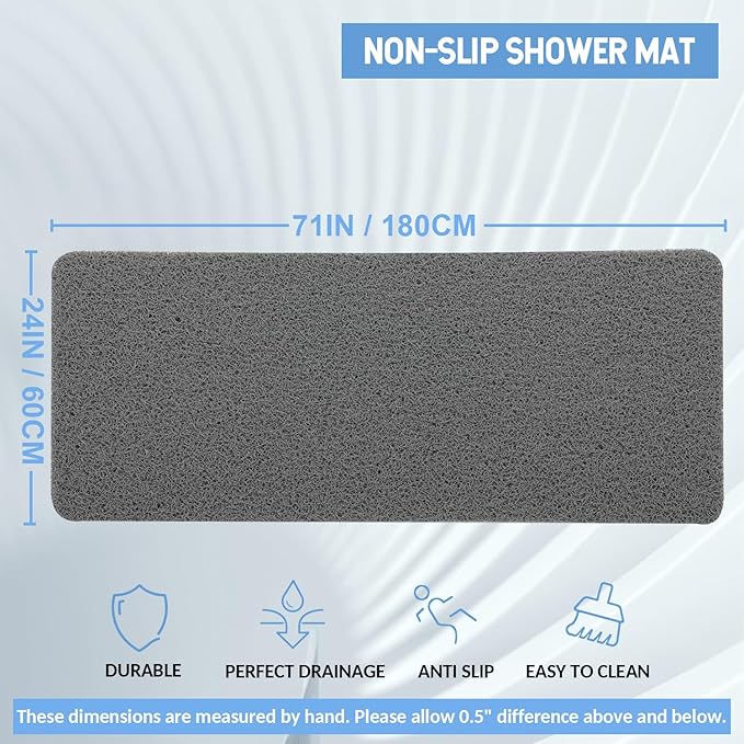 Non-Slip Bathtub Mat, Anti Slip Shower Mat, Fast Drying Bathtub Mats, Foot Scrubber Mat, Anti Slip Mat for Tub, Floor, Bathroom, Kitchen, Home, Hotel (Grey 71"×24")