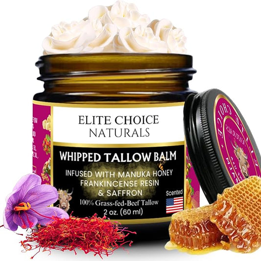 Whipped Tallow Honey Balm – Grass-Fed Beef Tallow infused with Organic Manuka Honey, Rosehip, Jojoba & Olive Oils – Nourishing Face, Neck & Body Lotion, 100% Organic (Frankincense Scent - 2 oz)
