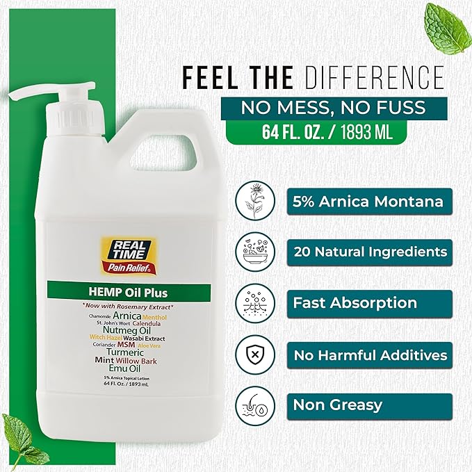 Real Time Pain Relief Hemp Oil Plus 64 oz Bottle | 20 Natural Ingredients: 5% Arnica, Turmeric & More | Fast-Absorbing Lotion for Muscles, Hands, Feet, Ankles, Back, Shoulders & Knees