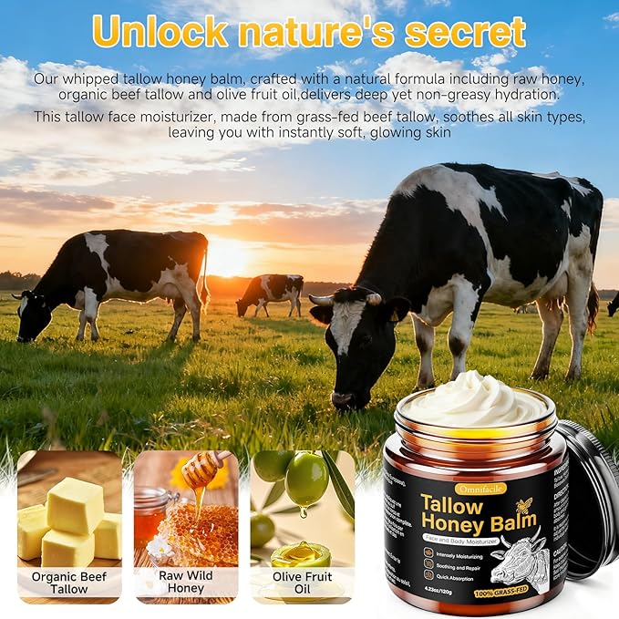 Beef Tallow Honey Balm for Skin,Face,Body - Handmade Whipped Cream Face Moisturizer with 100% Narural Organic Grass-Fed Beef Tallow & Raw Honey - Balm For Dry, Sensitive Skin - Unscented,4.23OZ