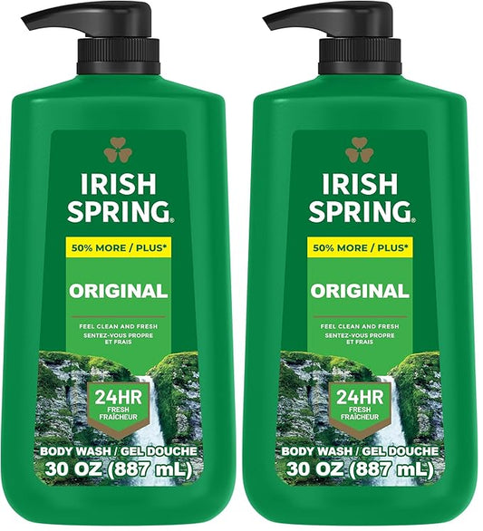 Irish Spring Men's Body Wash Pump, Original Clean Body Wash for Men, Smell Fresh and Clean for 24 Hours, Cleans Body, Hands, and Face, Made with Biodegradable Cleansing Ingredients, 30 Oz Pump