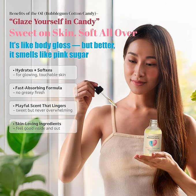 Bubblegum Cotton Candy: Moisturizing Body Oil for Soft, Glowing Skin with Almond & Jojoba Oil (4 fl oz)