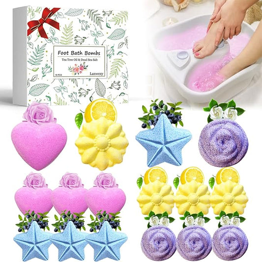 Bath Foot Bombs, 16 Pack Foot Soak with Bath Salt and Tea Tree Oil for Christmas. Organic Natural Handmade Aroma Pure Essential Oil Bubble Feet Balls for Foot Callus, Stubborn Feet Odor Scent.