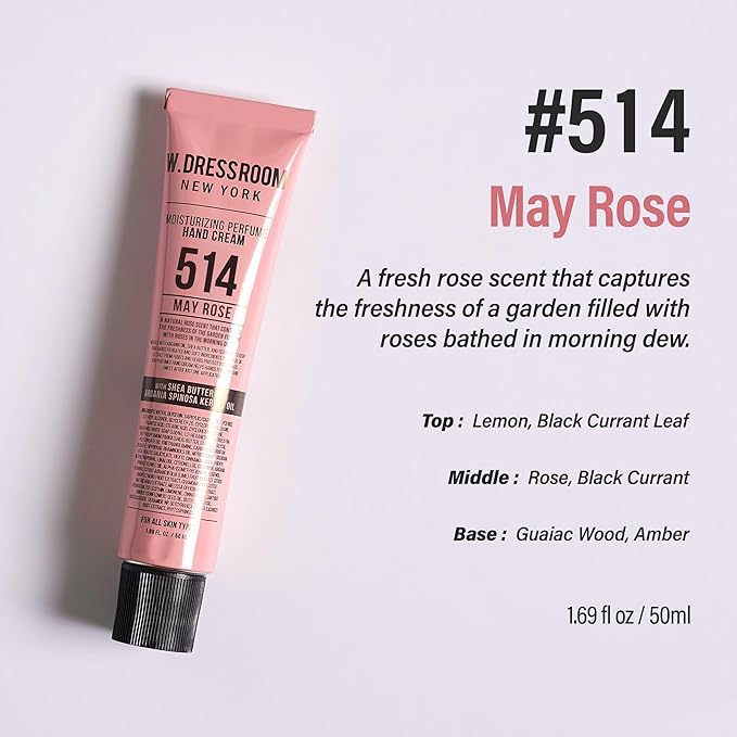 W.Dressroom Moisturizing Hand Cream for Dry Hands, Non-Greasy, Quick-Absorbing Korean Hand Lotion, Travel Size 1.69 fl oz (50 ml), No.514 May Rose Shop Scent