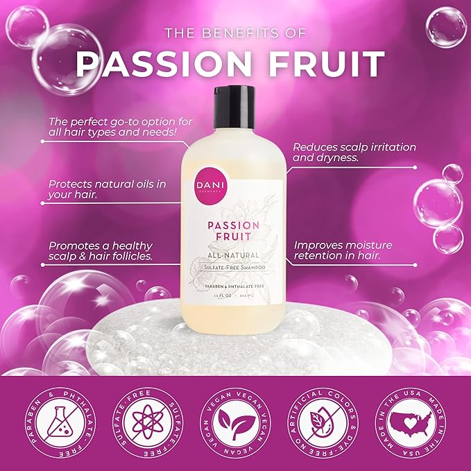 DANI Naturals Shampoo - Passion Fruit Scent - Sulfate-Free, Vegan, Moisturizing, 12 oz | Nourishing for All Hair Types & Sensitive Scalps