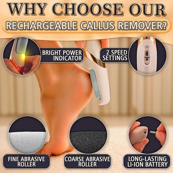 Foot Callus Remover Electric – Rechargeable Callus Grinder for Feet with 2-Speed and 2 Rollers (Coarse & Fine) for Smooth & Soft Feet – Compact Electric Foot Sander for Daily Foot Care & Travel Use