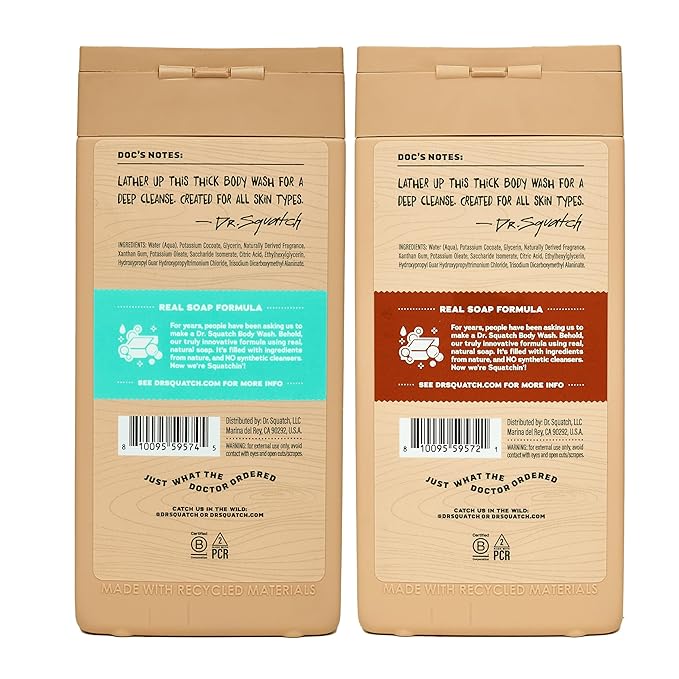 Dr. Squatch NEW Body Wash for Men with Nourishing, Natural Ingredients | No Paraben, Phthalate, Sulfate | All Day Moisture | Long Lasting Scent | Coconut Castaway & Wood Barrel Bourbon (14 oz, 2-Pack)