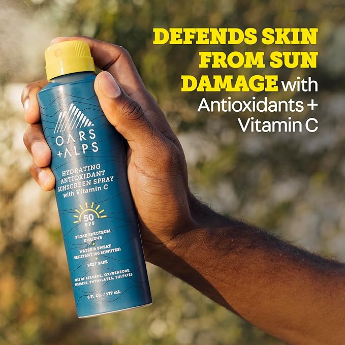 Oars + Alps Sunscreen Spray for Face & Body Spray Sunscreen Infused with Vitamin C & Antioxidants, No White Residue, Water & Sweat Resistant, All Skin Types, Lightweight, Hydrating, SPF 50, 6 Oz, 1pk