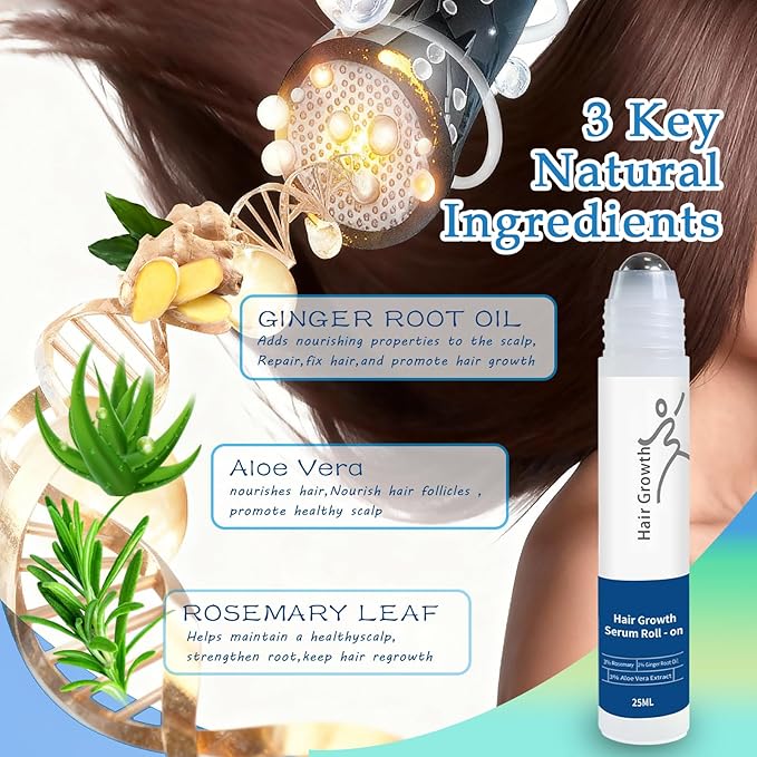 Rosemary Hair Growth Serum Roll On with 3% Rosemary，2% Ginger oil，3% Aloe Vera Extract， Stronger Root，stimulate follicle,Hair Thicker，Hair Loss Treatment.Advanced Hair Regrowth,0.85 Fl Oz pcs