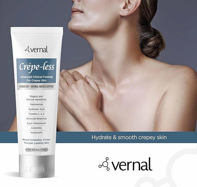 Vernal Crepe-less skin firming cream to reduce crepey arms, neck & hands. Organic tightening cream to reduce thin dry wrinkled skin. Best moisturizer to treat dry thin arms. Made in USA (6 Oz)