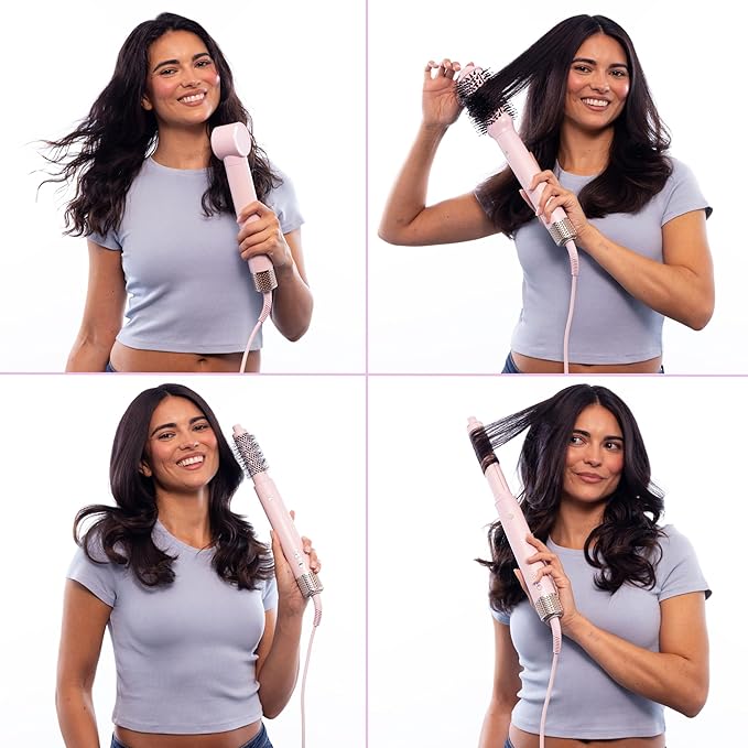 FoxyBae Super Styler Pro Interchangeable Hair Styler Wand Curling Iron Set - w/Drying Cylinder, Ceramic Blowout & Round Brushes, 2 Auto-Wrap Curlers - Frizz-Free, Smooth Hair (Blush)
