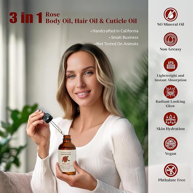 Rose Body Oil, Moisturizing Body Oil for Soft Skin and Dry Skin With Jojoba, Olive, Vitamin E & Rose Oil, 4 oz