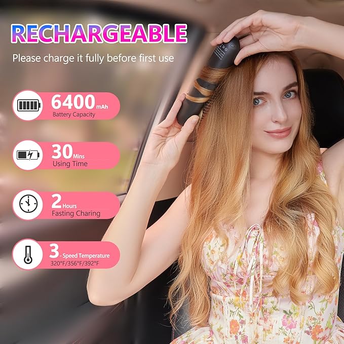 LCD Screen Cordless Hair Straightener Curler 2 in 1, Portable Mini Hair Straightening Brush for Travel Negative Ionic Fast Heating Hot Comb for Women, Folding Brush with Mirror, Black