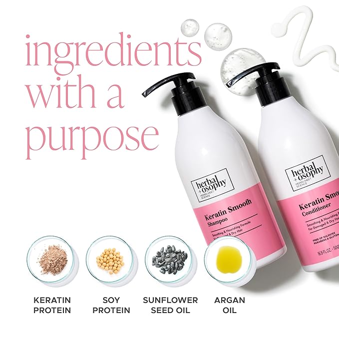 Herbalosophy Keratin Shampoo & Conditioner Set, Nourishing & Moisturizing Formula for Damaged & Dry Hair, Highly Hydrate & Repair for Color Treated Hair, Sulfate,Parabens & Gluten Free, 2 x 16.9 Fl Oz